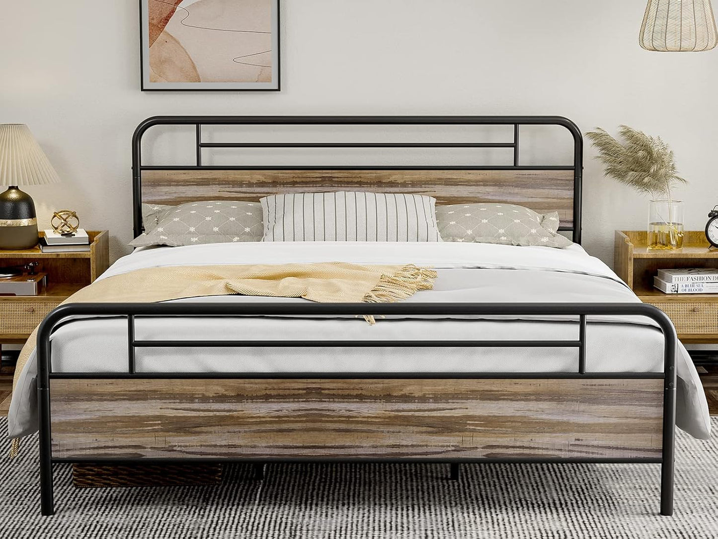 Metal Platform Bed Frame with Wood Headboard Footboard No Box Spring Needed