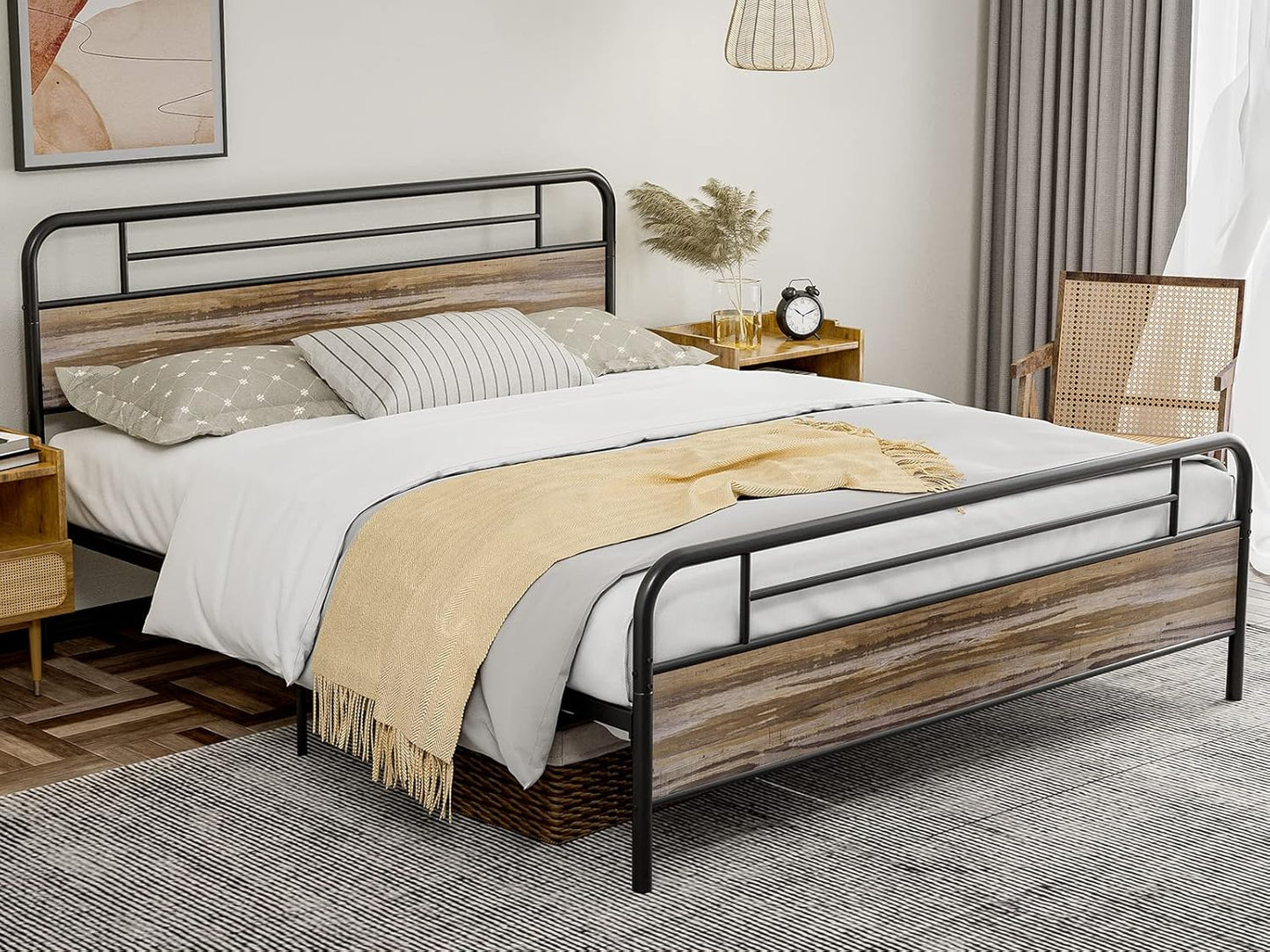 Metal Platform Bed Frame with Wood Headboard Footboard No Box Spring Needed