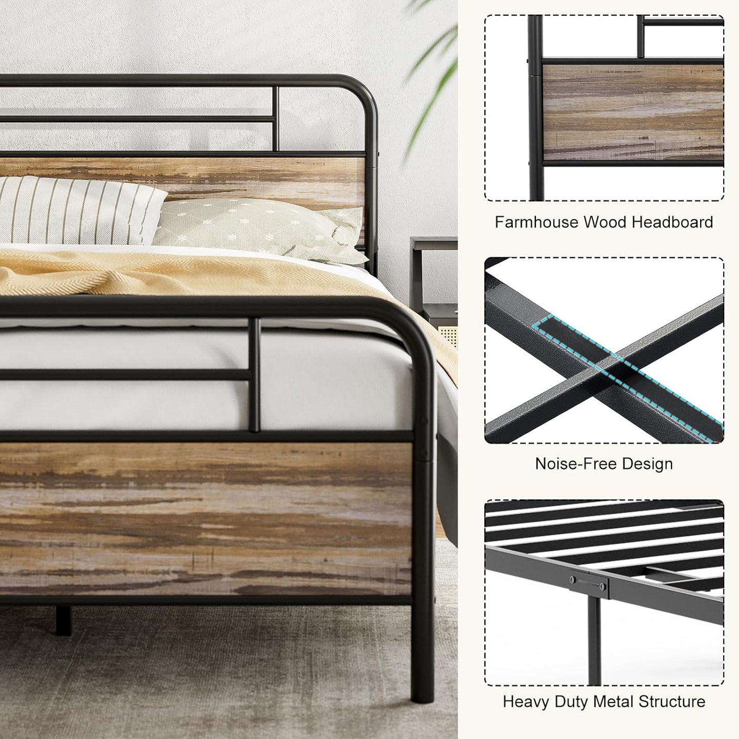 Metal Platform Bed Frame with Wood Headboard Footboard No Box Spring Needed
