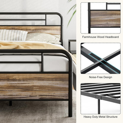 Metal Platform Bed Frame with Wood Headboard Footboard No Box Spring Needed
