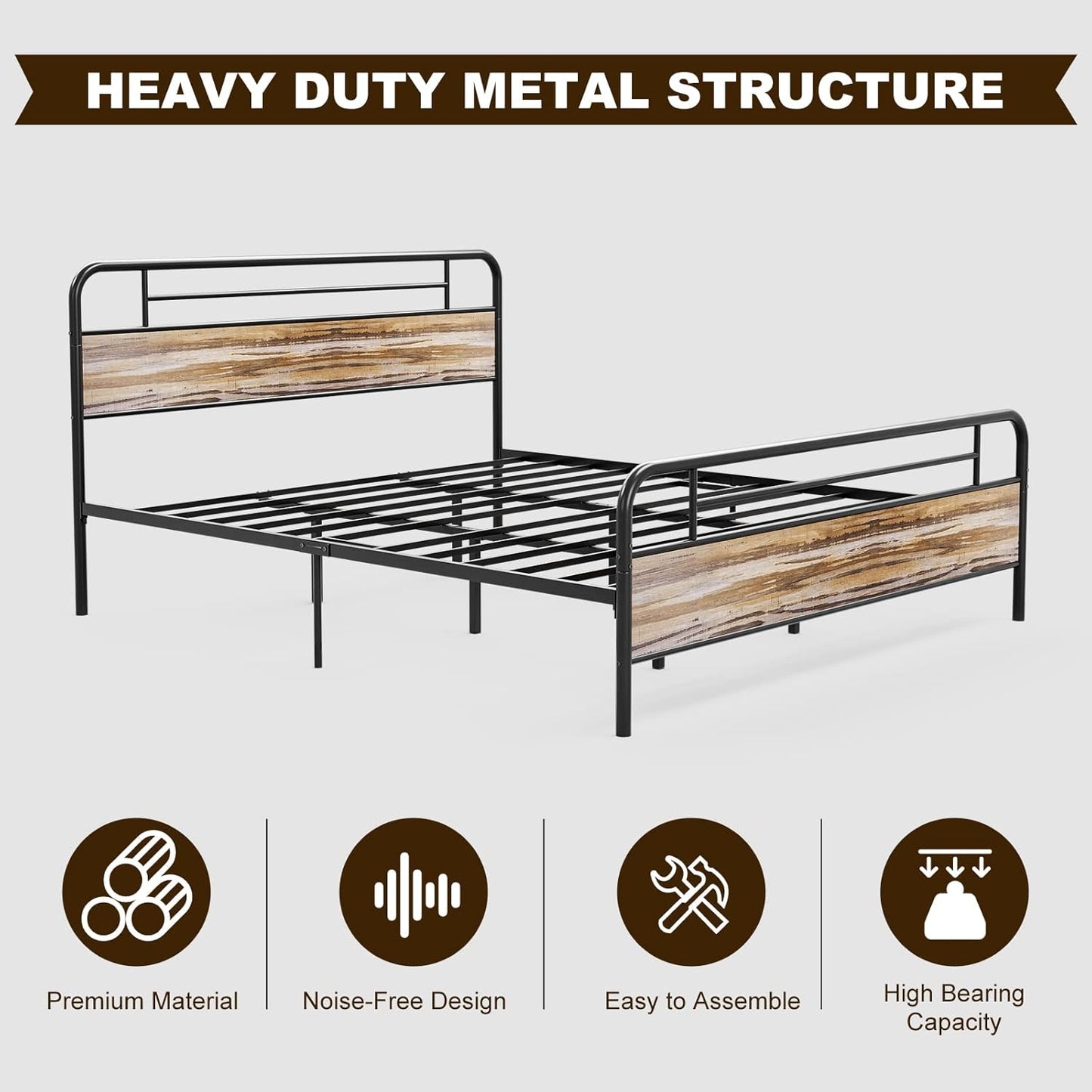 Metal Platform Bed Frame with Wood Headboard Footboard No Box Spring Needed