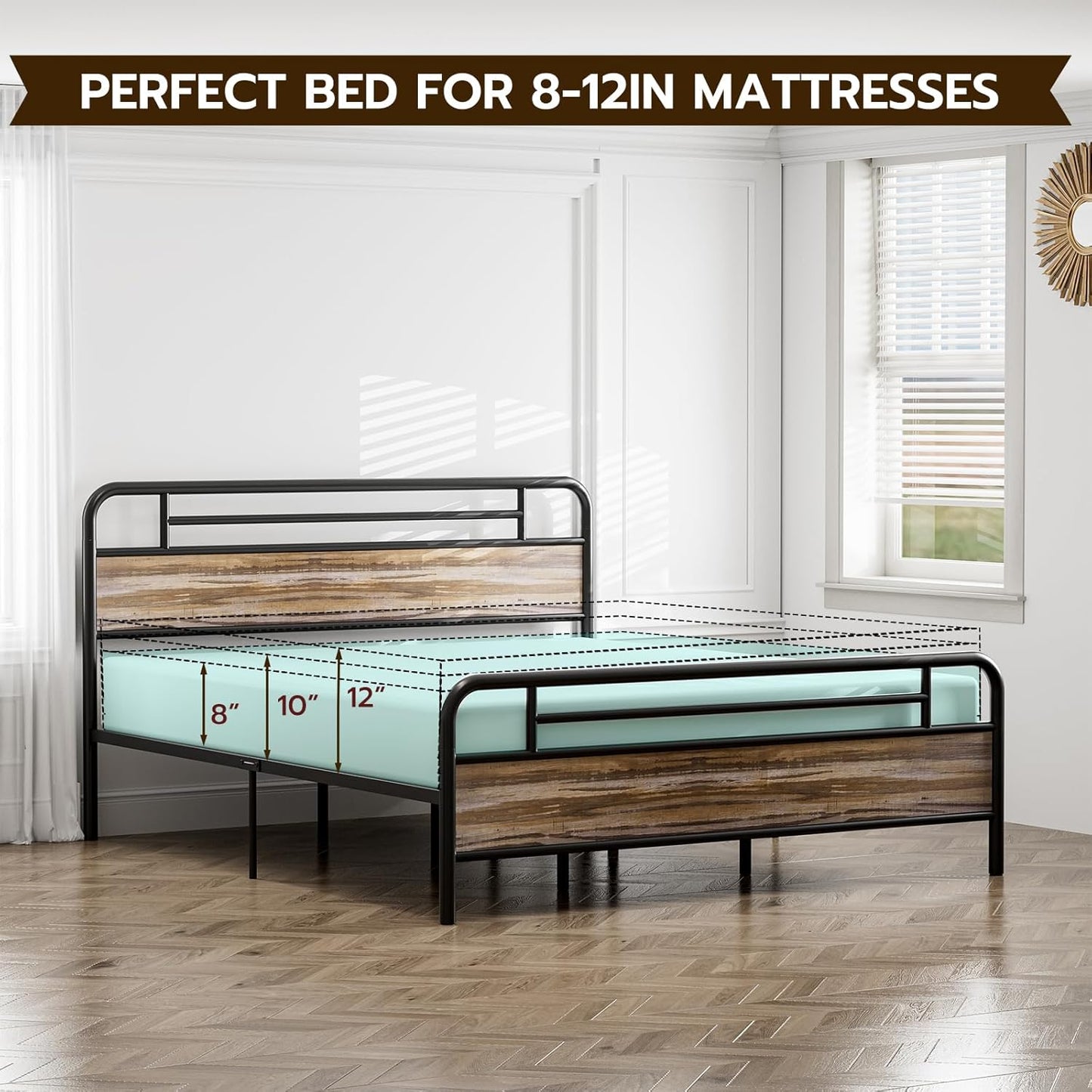 Metal Platform Bed Frame with Wood Headboard Footboard No Box Spring Needed