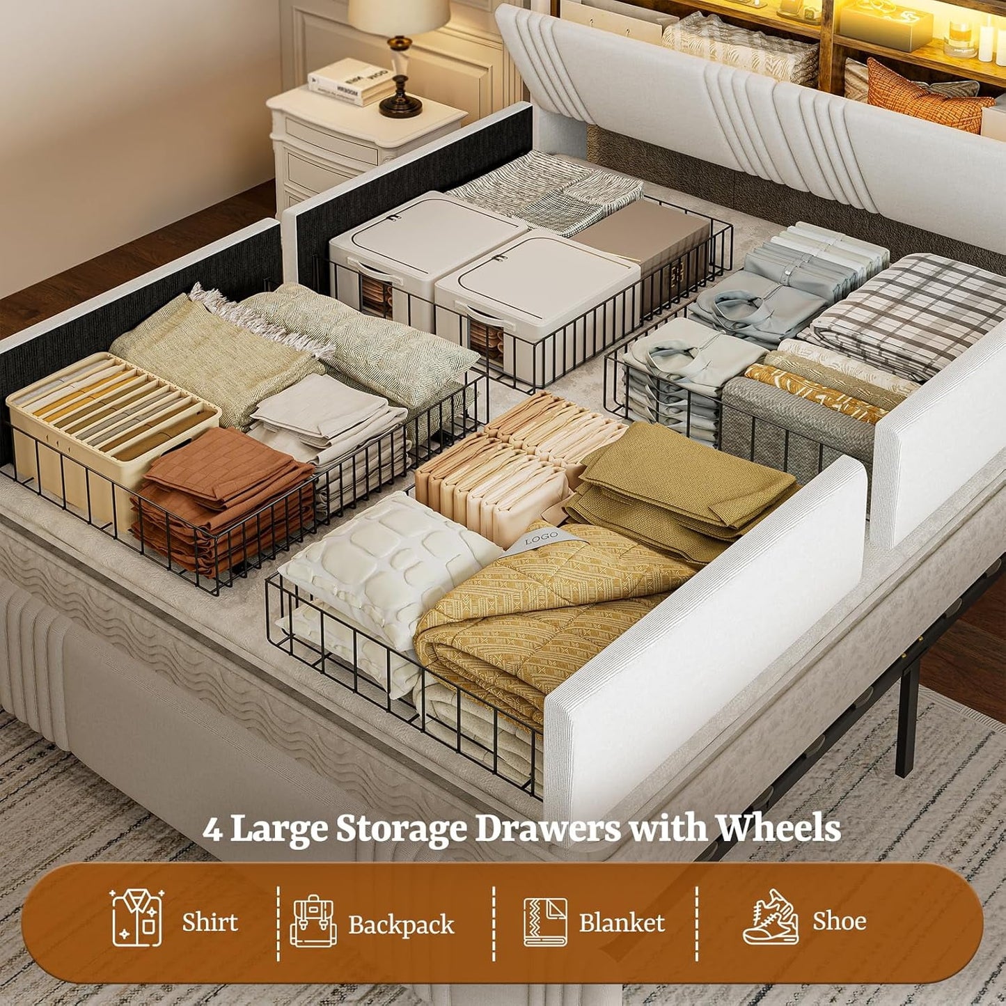 ARICOEASY California King Size Bed Frame with Bookcase Headboard & 2 Drawers Cal King Upholstered Platform Bed with LED Lights & Charging Station