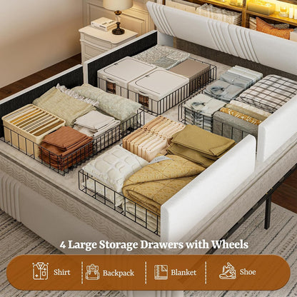 ARICOEASY California King Size Bed Frame with Bookcase Headboard & 2 Drawers Cal King Upholstered Platform Bed with LED Lights & Charging Station