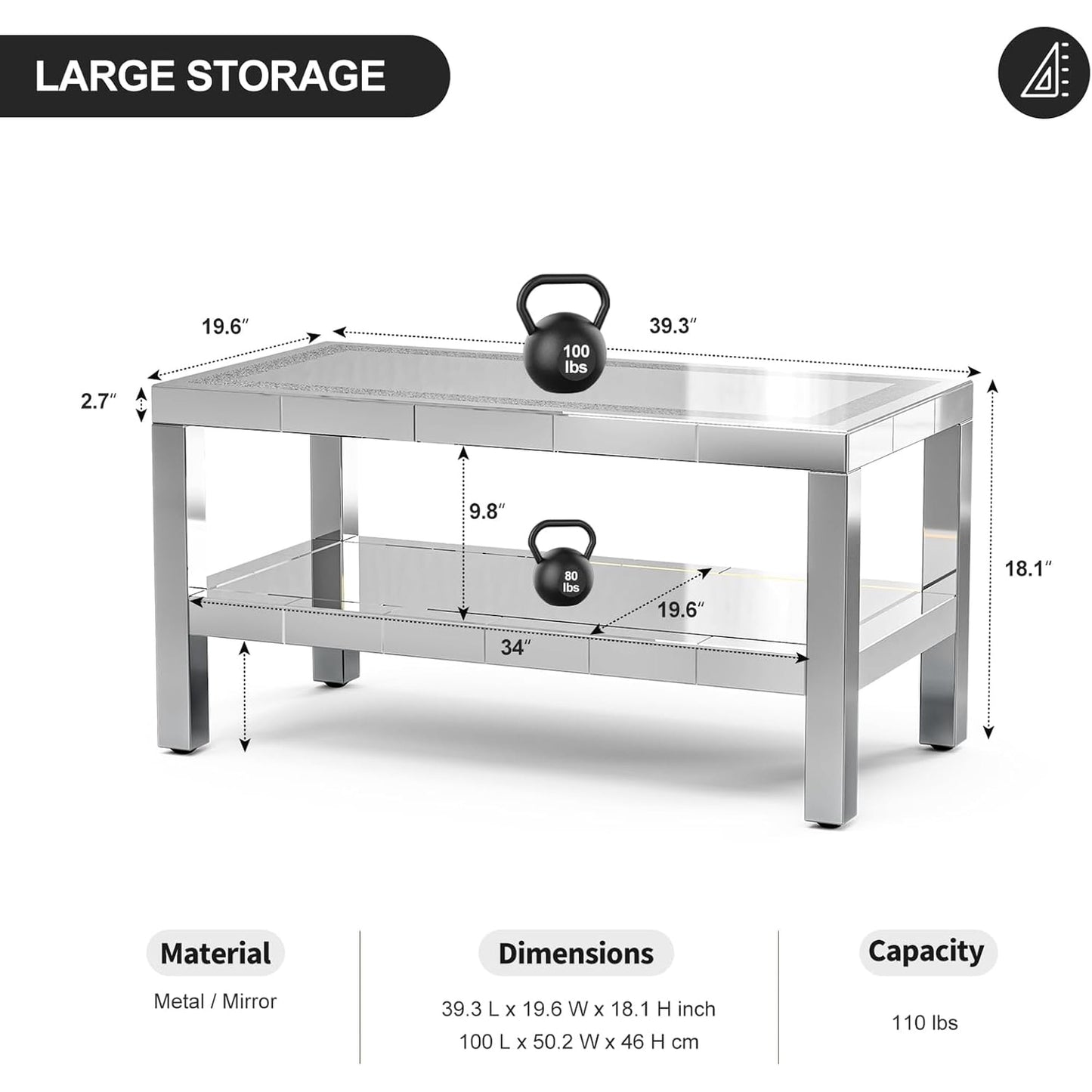 ARICOEASY Modern Coffee Table with Storage Shelves, Mirrored 2-Tier Coffee Table with LED for Living Room, Home Office