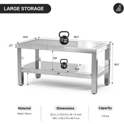 ARICOEASY Modern Coffee Table with Storage Shelves, Mirrored 2-Tier Coffee Table with LED for Living Room, Home Office
