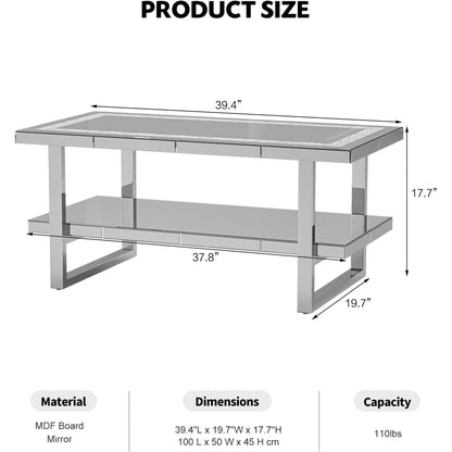 ARICOEASY Modern Mirrored Coffee Table Contemporary 2-Tier Storage Table with Crushed Diamond & Stainless Steel Legs for Living Room