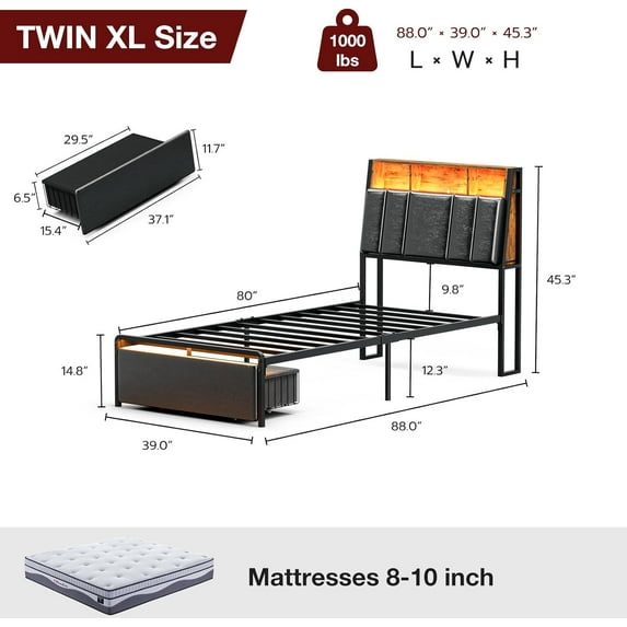 ARICOEASY Twin XL Bed Frames with Hidden Storage Headboard, LED Lights, USB Charging Station, Dustproof Storage Drawer