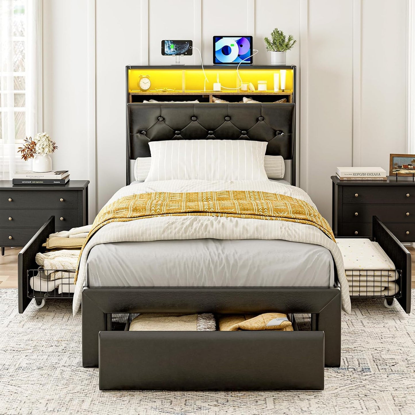 ARICOEASY Twin XL Bed Frames with Hidden Storage Headboard & Drawers, Upholstered Twin XL Platform Bed with LED Lights, Type-C Charging Station, No Box Spring Needed, Solid Wood Slats