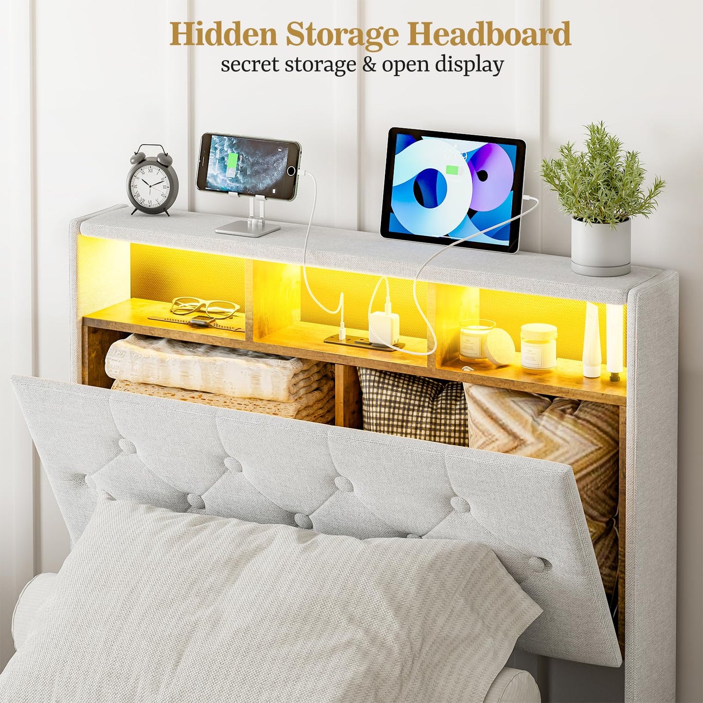 ARICOEASY Twin XL Bed Frames with Hidden Storage Headboard & Drawers, Upholstered Twin XL Platform Bed with LED Lights, Type-C Charging Station, No Box Spring Needed, Solid Wood Slats