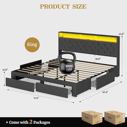 ARICOEASY King Bed Frame with Hidden Storage Headboard & 4 Drawers, Upholstered Button Tufted Platform Bed with LED Lights and Charging Station, No Box Spring Needed, Solid Wood Slats