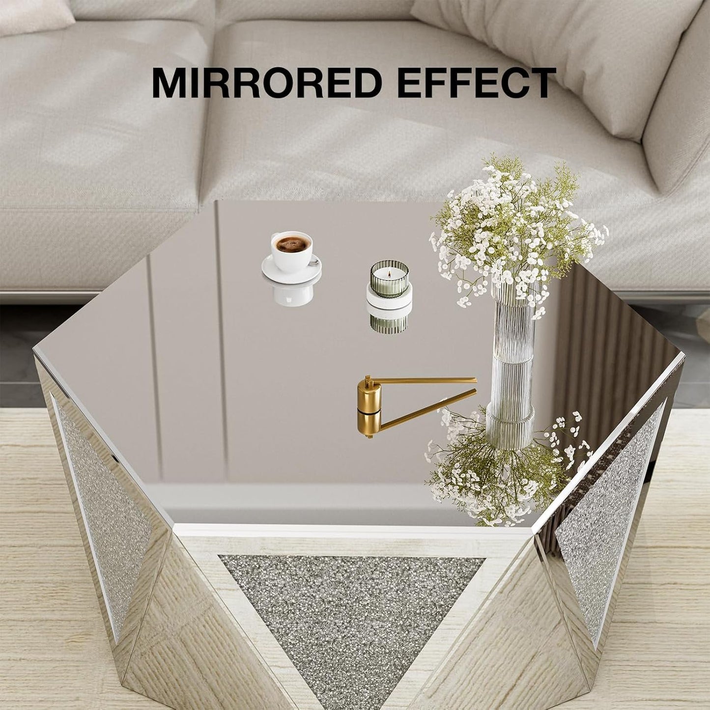 ARICOEASY Mirrored Coffee Table Crystal Diamond Accent Table Leisure Table Cocktail Table Center Table for Living Room Decor