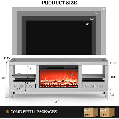 ARICOEASY Mirrored TV Stand with Smart Electric Fireplace and RGB Ambience Light
