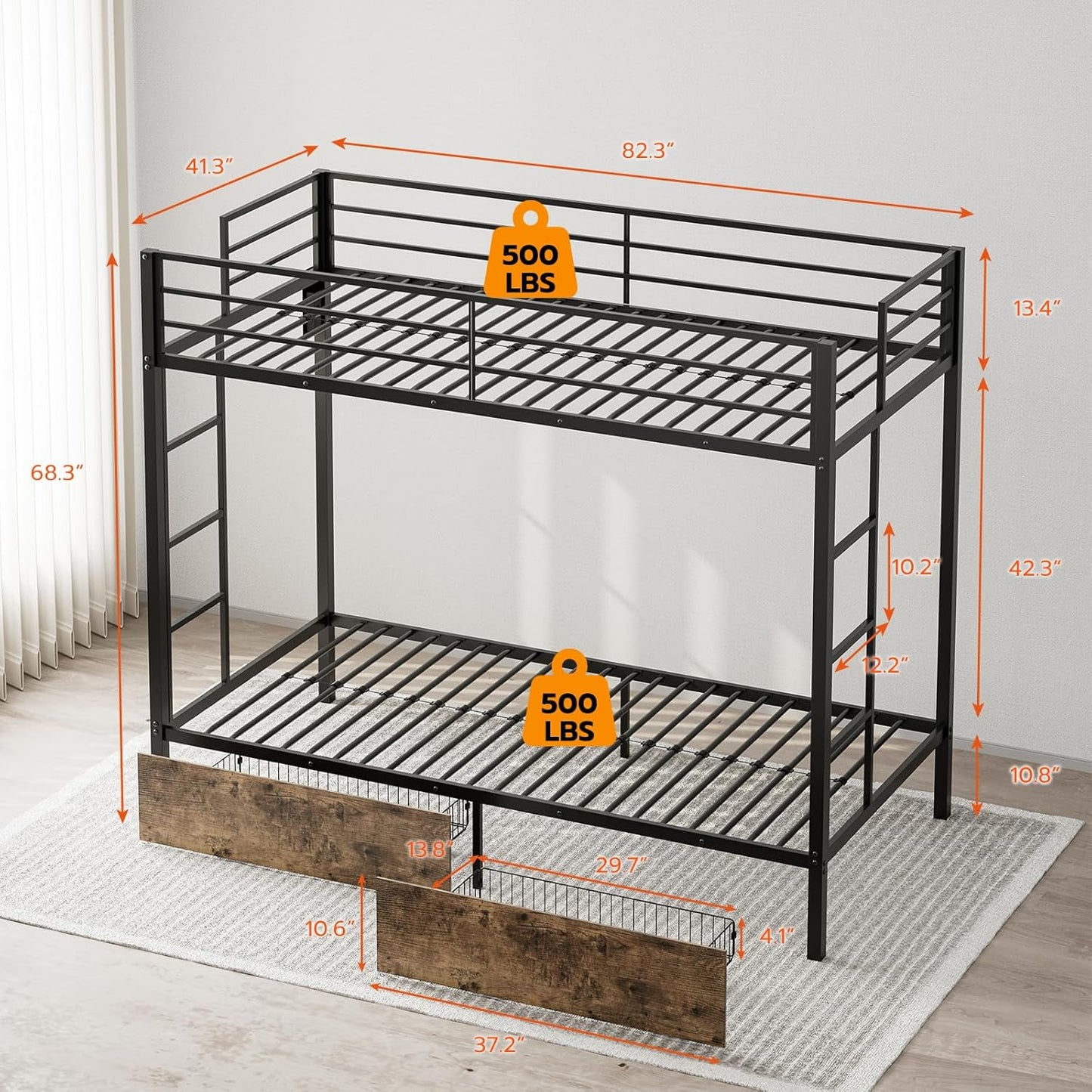 ARICOEASY Twin XL Over Twin XL Metal Bunk Bed with LED Lights & Charging Station, Heavy Duty Bunk Bed Frame with 2 Storage Drawers, Safety Guardrails, Dual Ladders