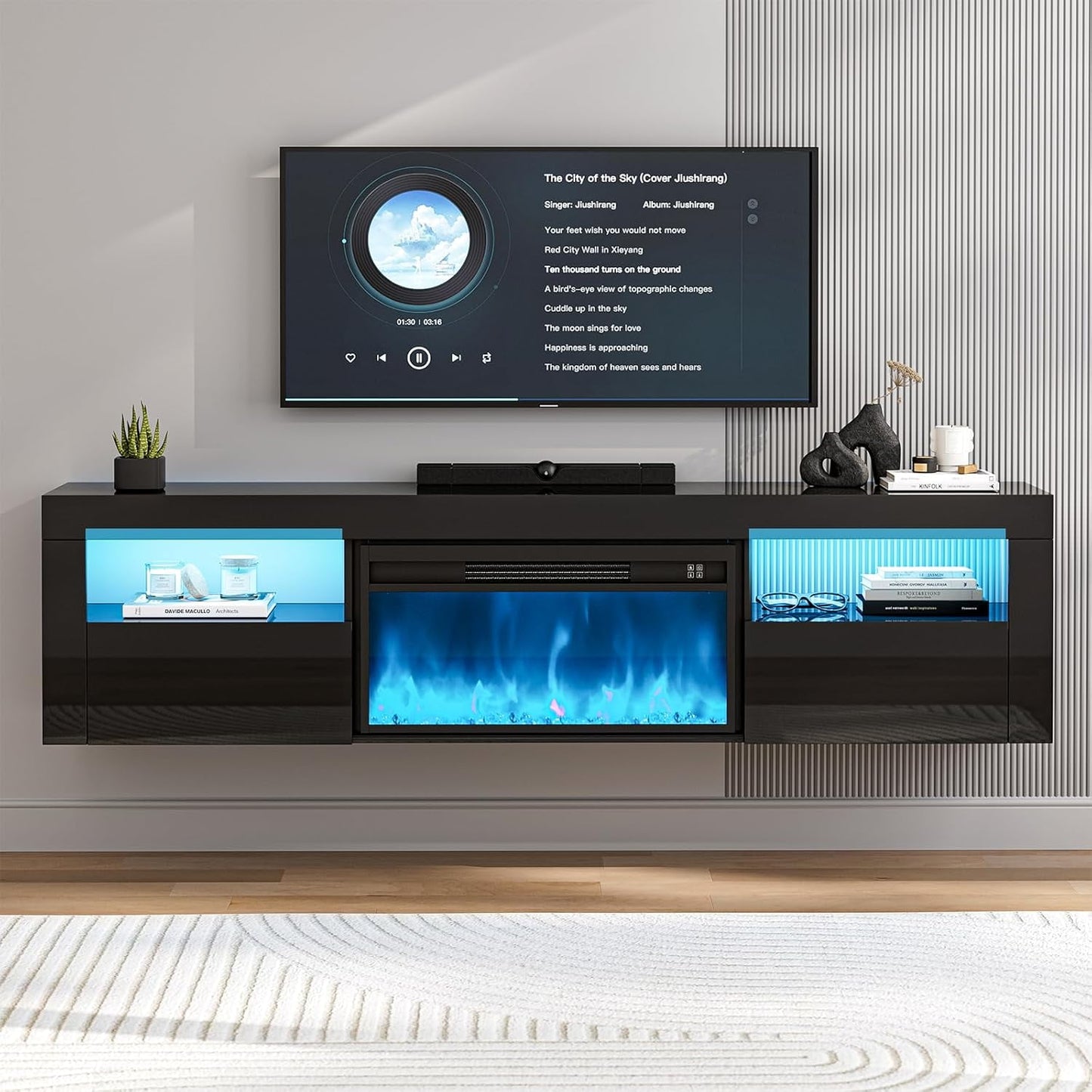 ARICOEASY Floating TV Stand with 28" Electric Fireplace & RGB LED Lights, Wall Mounted Media Console for TVs Up to 80"