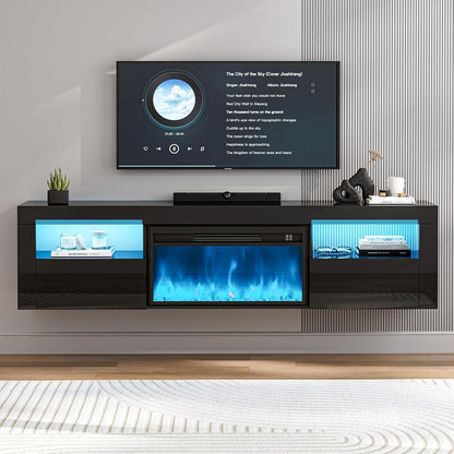 ARICOEASY Floating TV Stand with 28" Electric Fireplace & RGB LED Lights, Wall Mounted Media Console for TVs Up to 80"
