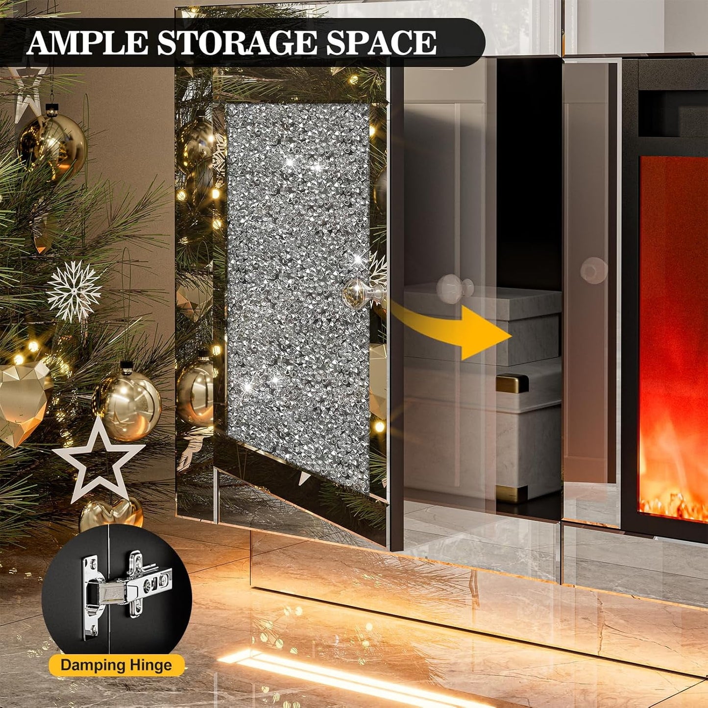 ARICOEASY Mirrored Fireplace TV Stand for 65+ Inch TV, Crushed Diamond Silver Media Entertainment Center with RGB LED Light