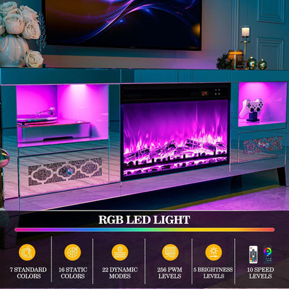ARICOEASY Mirrored TV Stand with Smart Electric Fireplace and RGB Ambience Light