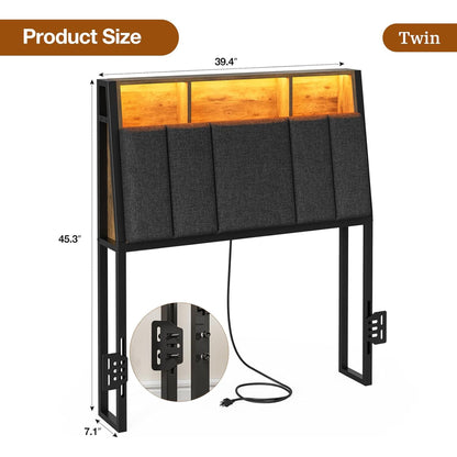ARICOEASY Hidden Storage Headboard Twin Size with Charging Station, Ergonomic Upholstered Twin XL Headboard Only with LED Lights, 2 Outlets & 2 USB Ports, Attach Frame, Easy Assembly