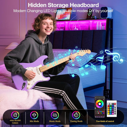 ARICOEASY Hidden Storage Headboard Twin Size with Charging Station, Ergonomic Upholstered Twin XL Headboard Only with LED Lights, 2 Outlets & 2 USB Ports, Attach Frame, Easy Assembly
