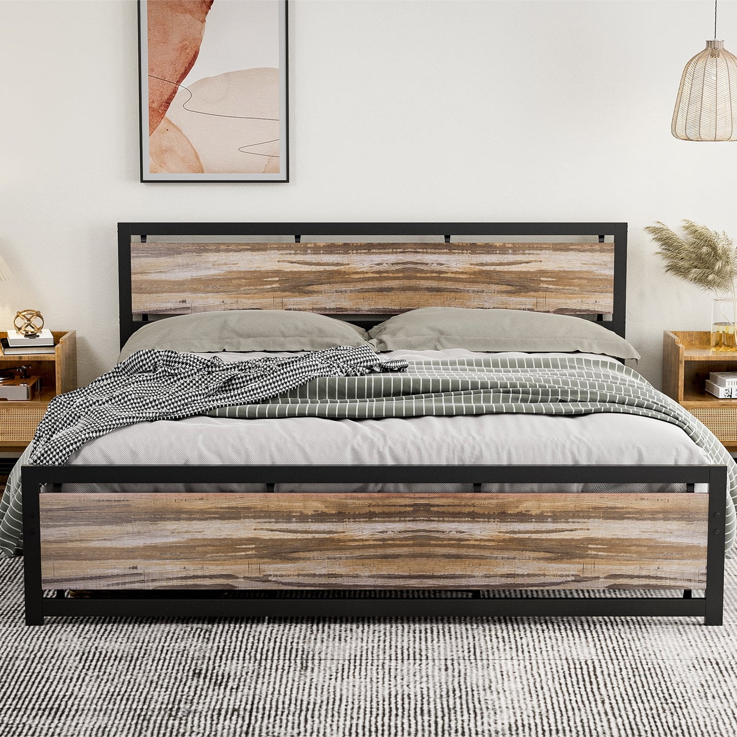 ARICOEASY Metal California King Bed Frames, Industrial Platform Bed Frame with Rustic Vintage Wooden Headboard Footboard, Easy Assembly, Brown