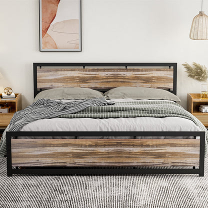 ARICOEASY Metal California King Bed Frames, Industrial Platform Bed Frame with Rustic Vintage Wooden Headboard Footboard, Easy Assembly, Brown