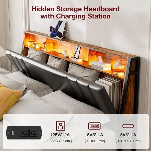 ARICOEASY Hidden Storage Headboard California King Size with Charging Station, Ergonomic Upholstered Cal King Headboard Only with LED Lights, 2 Outlets & 2 USB Ports, Easy Assembly