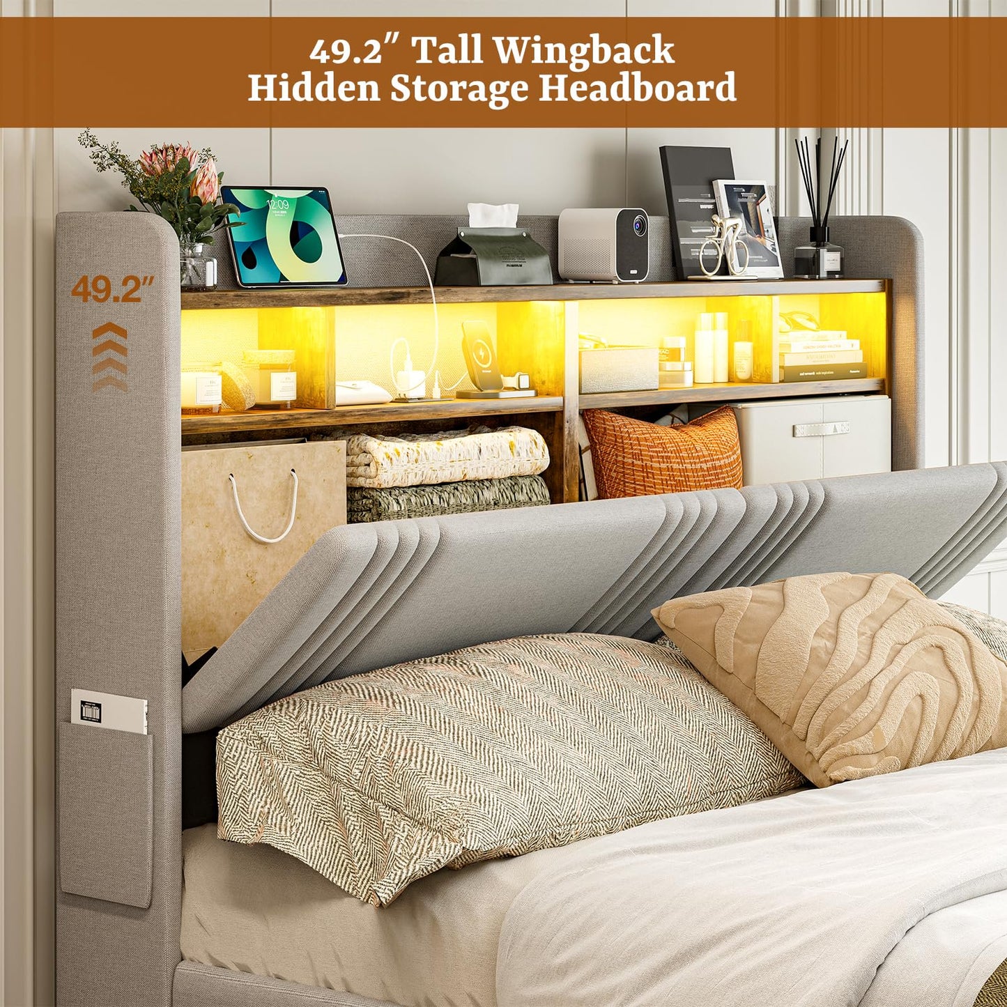 ARICOEASY California King Size Bed Frame with Bookcase Headboard & 2 Drawers Cal King Upholstered Platform Bed with LED Lights & Charging Station
