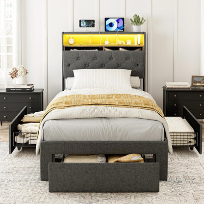 ARICOEASY Twin XL Bed Frames with Hidden Storage Headboard & Drawers, Upholstered Twin XL Platform Bed with LED Lights, Type-C Charging Station, No Box Spring Needed, Solid Wood Slats