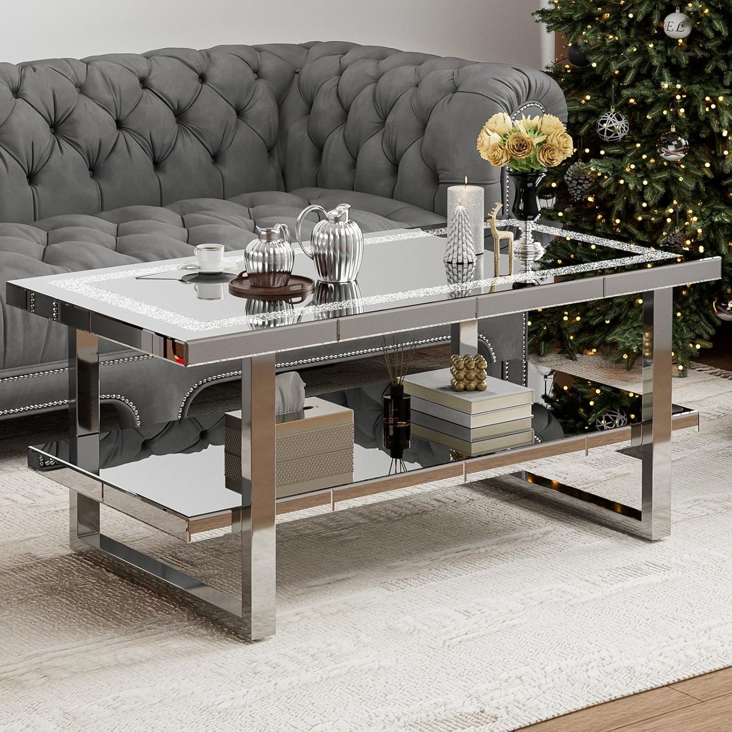 ARICOEASY Modern Mirrored Coffee Table Contemporary 2-Tier Storage Table with Crushed Diamond & Stainless Steel Legs for Living Room