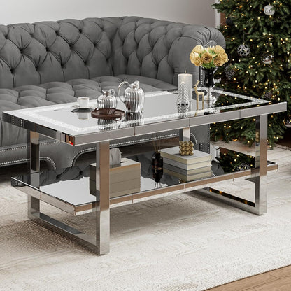 ARICOEASY Modern Mirrored Coffee Table Contemporary 2-Tier Storage Table with Crushed Diamond & Stainless Steel Legs for Living Room