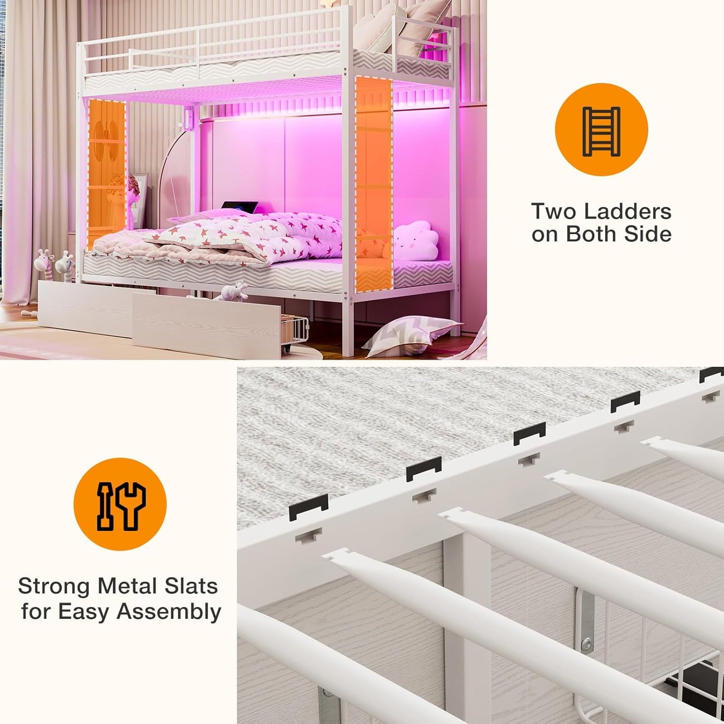 ARICOEASY Twin XL Over Twin XL Metal Bunk Bed with LED Lights & Charging Station, Heavy Duty Bunk Bed Frame with 2 Storage Drawers, Safety Guardrails, Dual Ladders