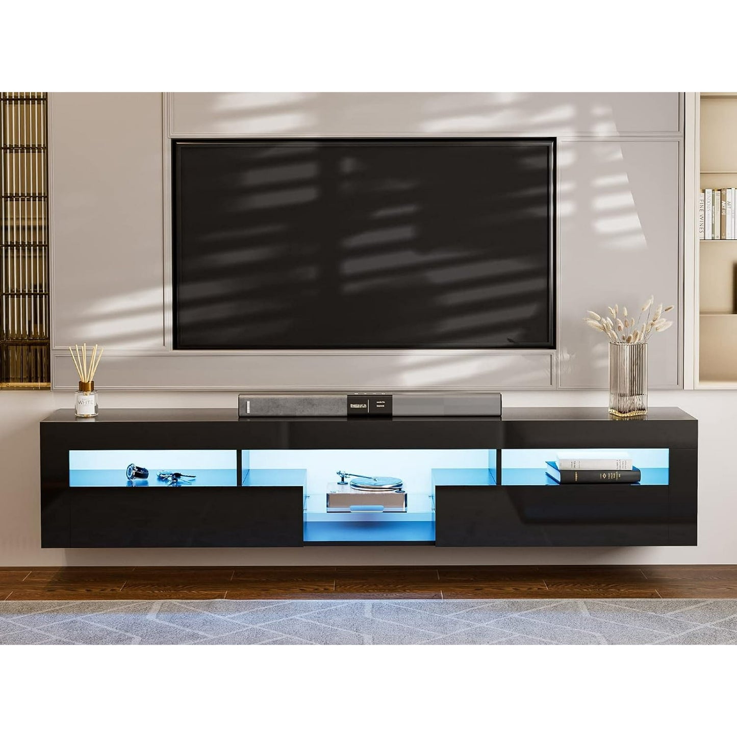 ARICOEASY Modern Wall Mounted TV Stand with LED Lights, Floating Entertainment Center for up to 85 Inch TV, High Gloss White Media Console with Storage & 2 Drawers