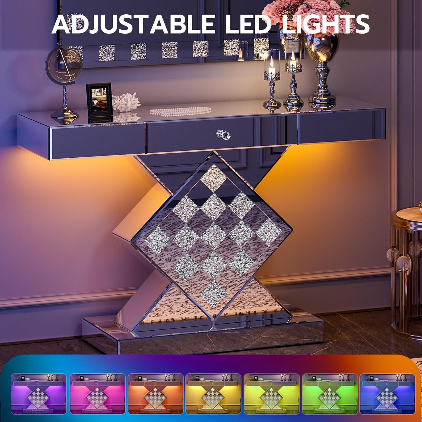 ARICOEASY Mirrored Console Table with LED Light and Storage Drawer, Long Entryway Sofa Table