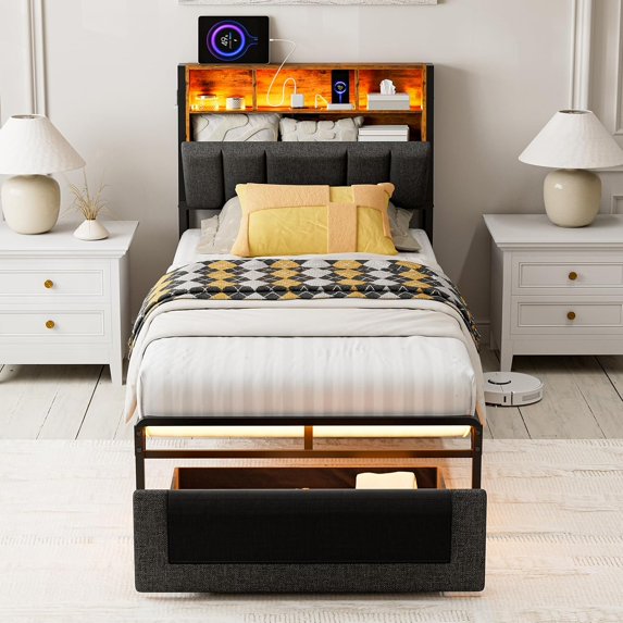 ARICOEASY Twin XL Bed Frames with Hidden Storage Headboard, LED Lights, USB Charging Station, Dustproof Storage Drawer