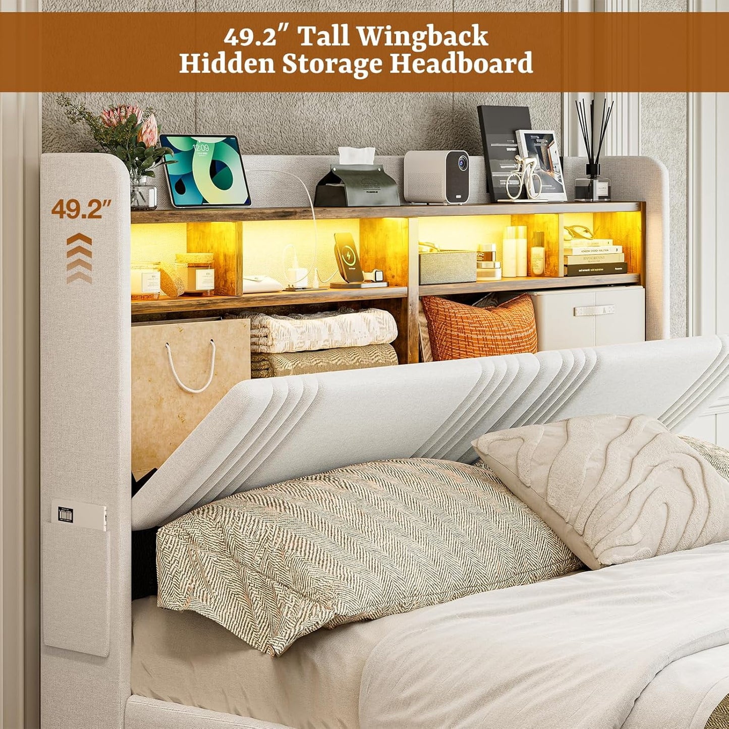 ARICOEASY California King Size Bed Frame with Bookcase Headboard & 2 Drawers Cal King Upholstered Platform Bed with LED Lights & Charging Station