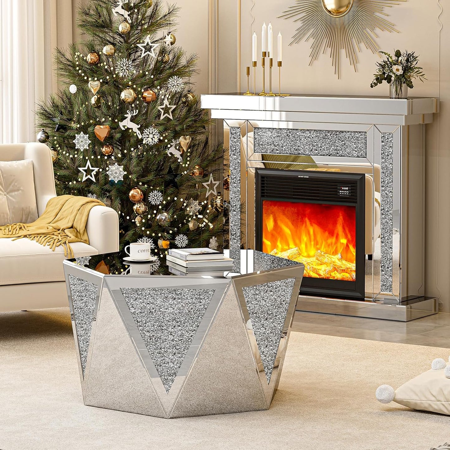 ARICOEASY Mirrored Coffee Table Crystal Diamond Accent Table Leisure Table Cocktail Table Center Table for Living Room Decor