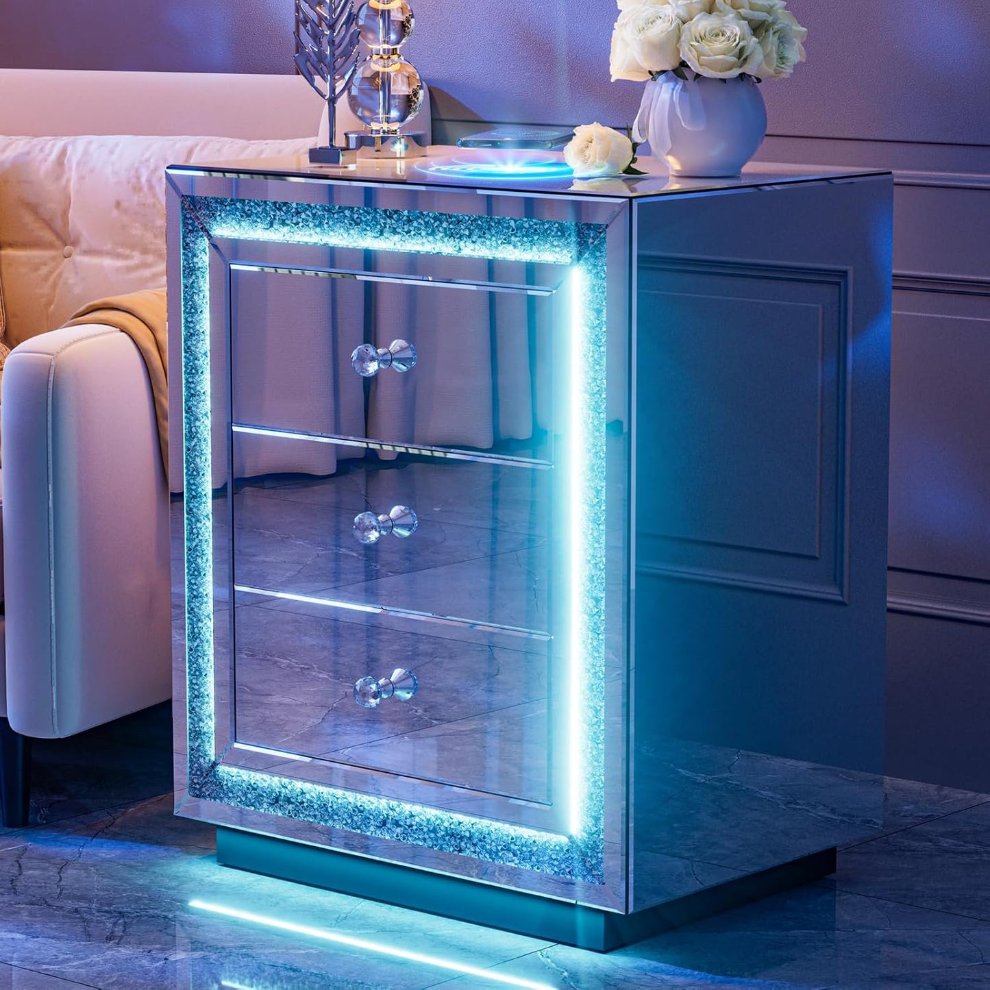 ARICOEASY Mirrored Nightstand with LED Light & Wireless Charging Station, Crushed Diamond Table with 3 Drawers, Mirrored End Table with Crystal Handles for Bedroom, Office