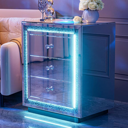 ARICOEASY Mirrored Nightstand with LED Light & Wireless Charging Station, Crushed Diamond Table with 3 Drawers, Mirrored End Table with Crystal Handles for Bedroom, Office