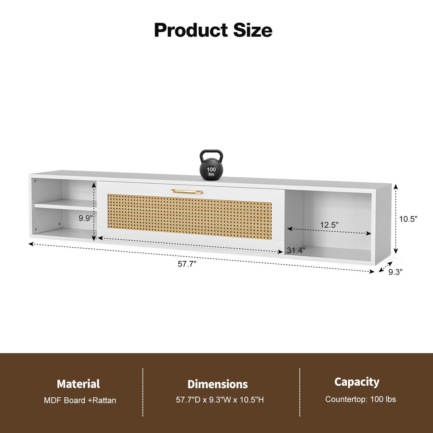 ARICOEASY Modern Wall-Mounted Media Console Floating TV Stand for 75 Inch TV with Rattan Door and Storage Space