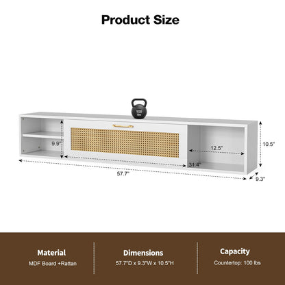 ARICOEASY Modern Wall-Mounted Media Console Floating TV Stand for 75 Inch TV with Rattan Door and Storage Space