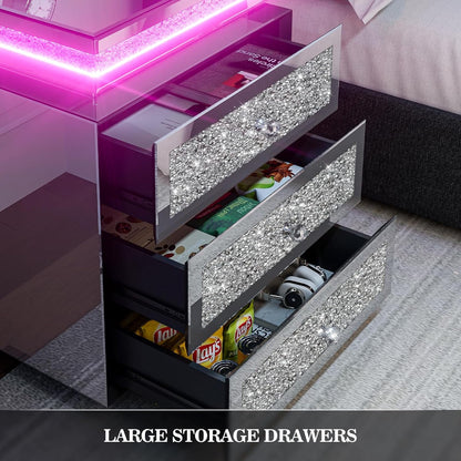 ARICOEASY Mirrored Nightstands with LED Lights & Charging Station, Silver Glam Bedroom Furniture Set, Fully Assembled