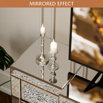 ARICOEASY Mirrored TV Stand with Fireplace for 65+ inch TV, Mirrored Fireplace TV Stand with LED Light, Silver Electric Fireplace with Crushed Diamond for Living Room