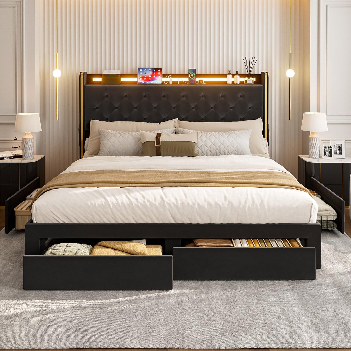 ARICOEASY Bed Frames with 3 Drawer Storage, Velvet Platform Bed with Button Tufted Headboard