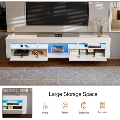 ARICOEASY Modern Wall Mounted TV Stand with LED Lights, Floating Entertainment Center for up to 85 Inch TV, High Gloss White Media Console with Storage & 2 Drawers