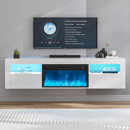 ARICOEASY Floating TV Stand with 28" Electric Fireplace & RGB LED Lights, Wall Mounted Media Console for TVs Up to 80"