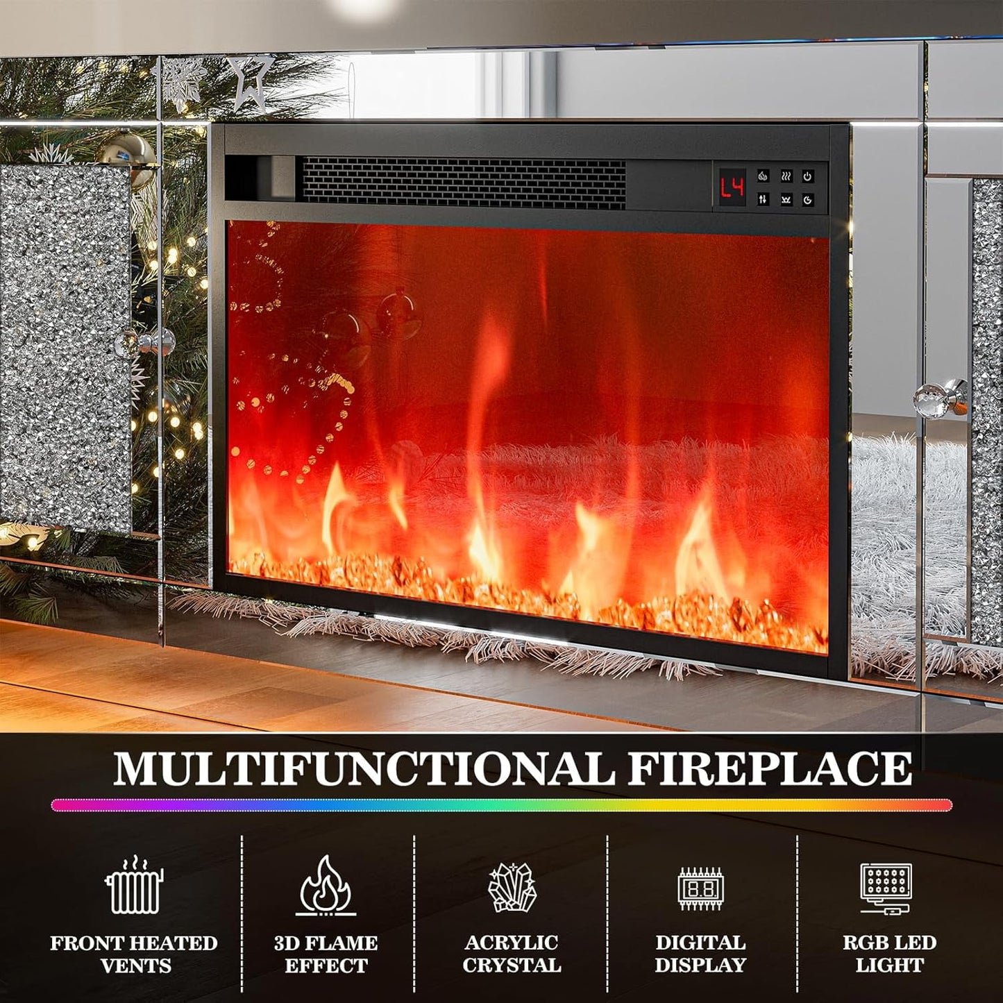 ARICOEASY Mirrored Fireplace TV Stand for 65+ Inch TV, Crushed Diamond Silver Media Entertainment Center with RGB LED Light