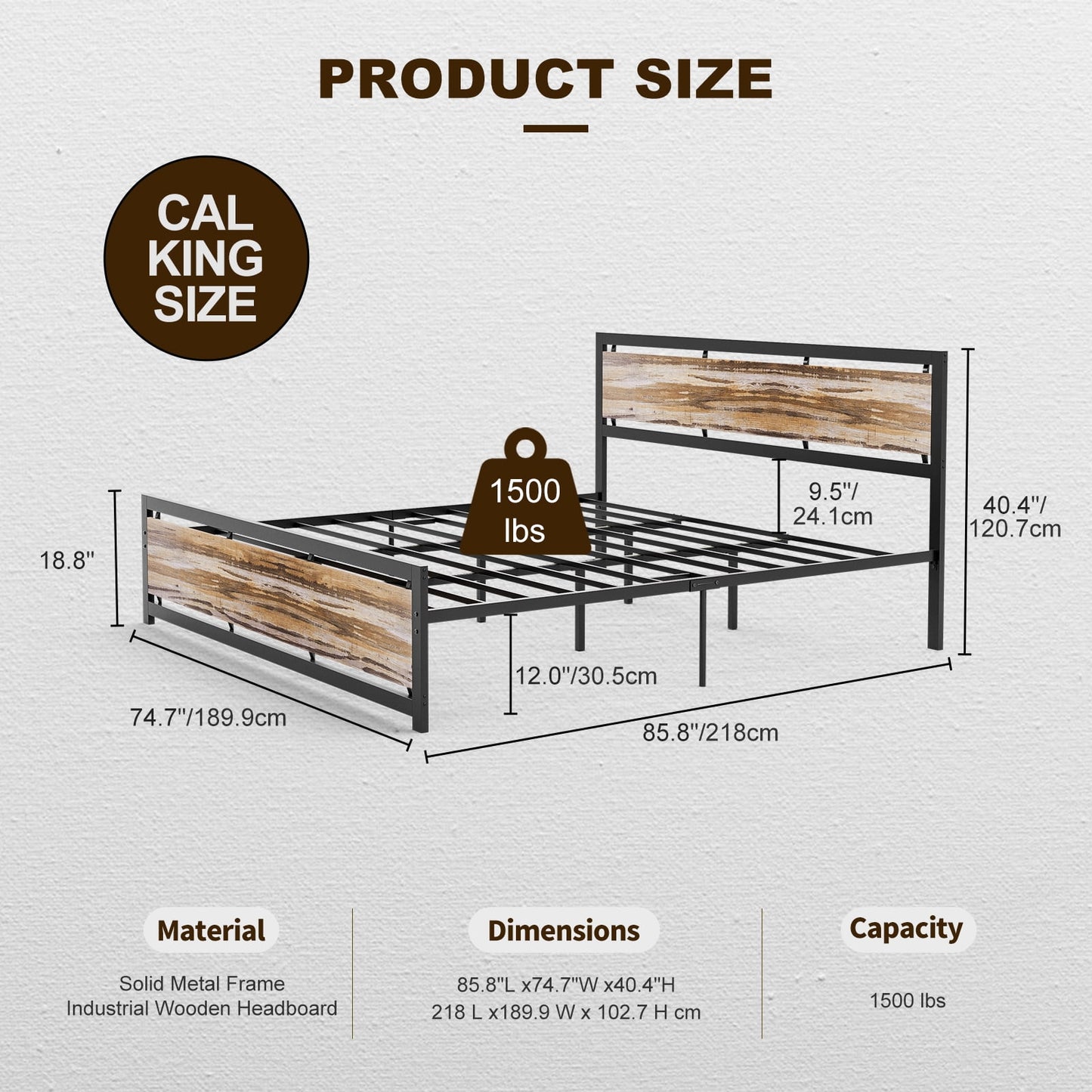 ARICOEASY Metal California King Bed Frames, Industrial Platform Bed Frame with Rustic Vintage Wooden Headboard Footboard, Easy Assembly, Brown