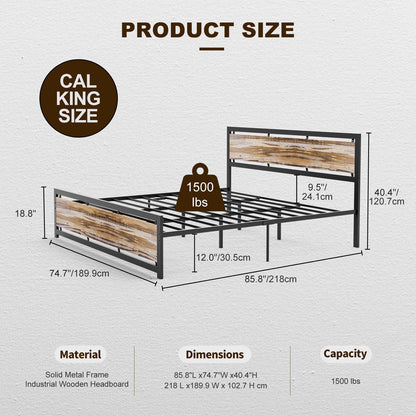 ARICOEASY Metal California King Bed Frames, Industrial Platform Bed Frame with Rustic Vintage Wooden Headboard Footboard, Easy Assembly, Brown