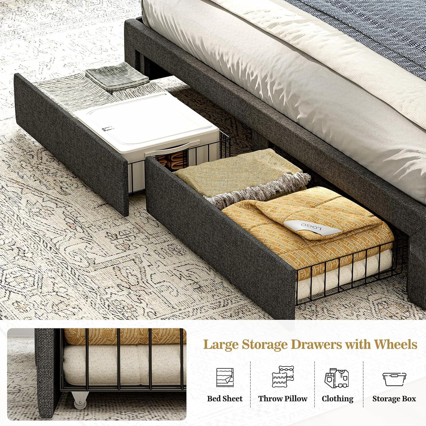 ARICOEASY King Bed Frame with Hidden Storage Headboard & 4 Drawers, Upholstered Button Tufted Platform Bed with LED Lights and Charging Station, No Box Spring Needed, Solid Wood Slats